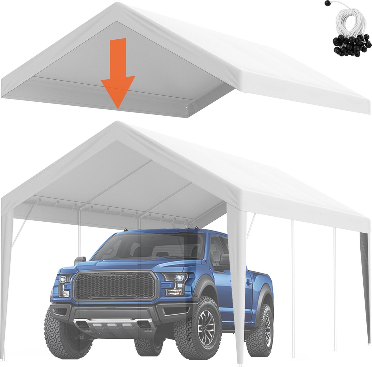 VEVOR Carport Garagetent 3x6m Garagedaktent Waterdicht UV-beschermd Eenvoudige Installatie met Spanbanden Wit (Alleen Dakbedekking, Frame Niet Inbegrepen)