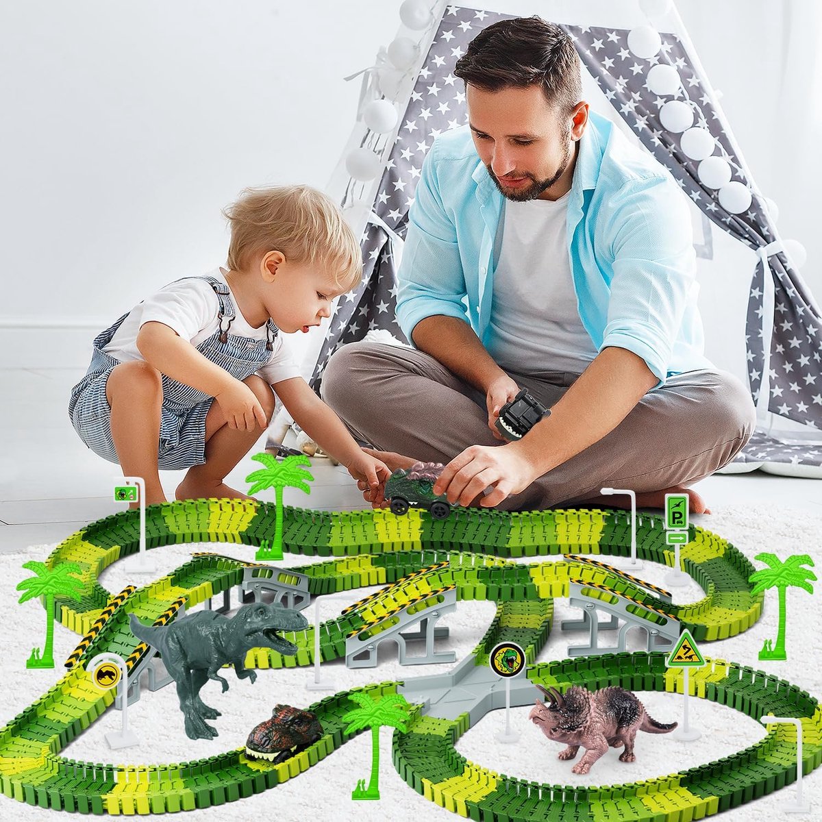Montzys® Dinosaurus Racebaan - 252 Delige Autobaan - Dino Speelgoed Elektrisch - Flexibele Auto Racetrack - Sinterklaas & Kerst Cadeau Voor Kinderen — afbeelding 3
