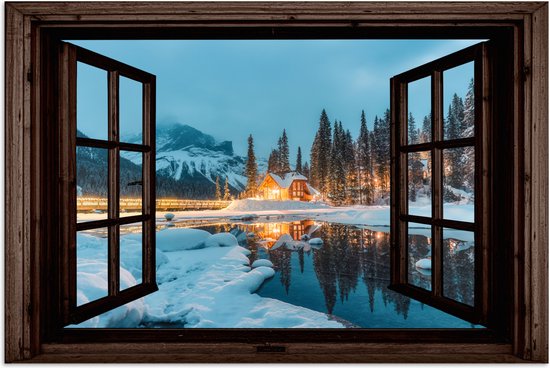 Poster 30x20 cm - Doorkijk - Winter - Landschap - Natuur - Huis - Bergen - Posters - Kamer decoratie - Wanddecoratie woonkamer - Muurdecoratie slaapkamer