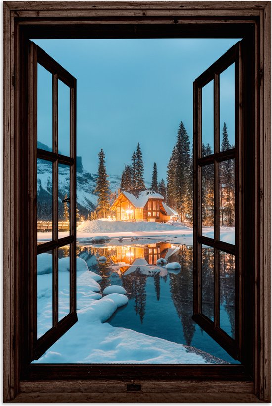 Poster 60x90 cm - Doorkijk - Winter - Landschap - Natuur - Huis - Bergen - Posters - Kamer decoratie - Wanddecoratie woonkamer - Muurdecoratie slaapkamer