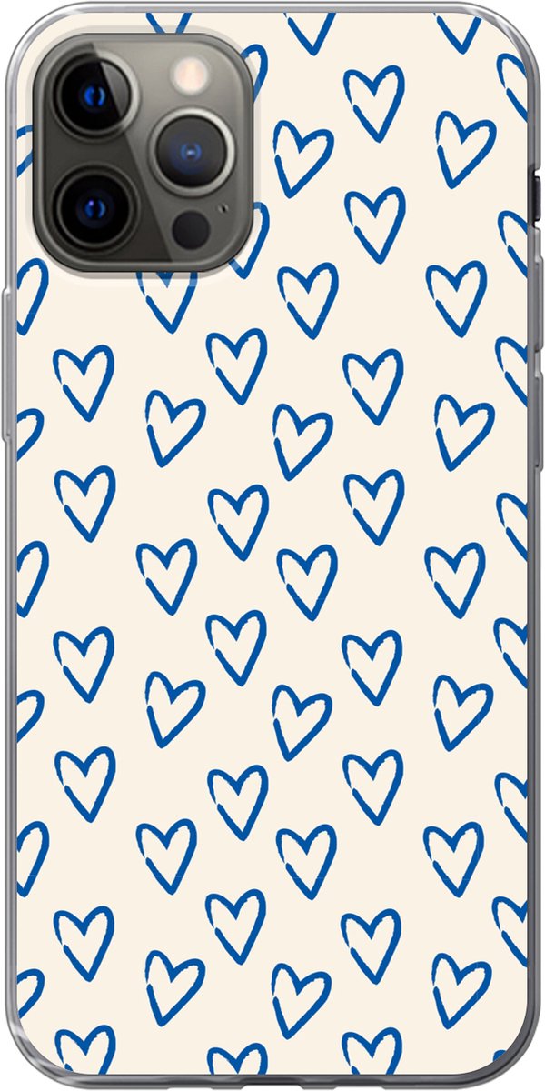 Telefoonhoesje Geschikt voor iPhone 12 Pro hoesje - Hartjes patroon - Blauw - Beige - Liefde - Siliconen Telefoonhoesje Telefoonhoesje