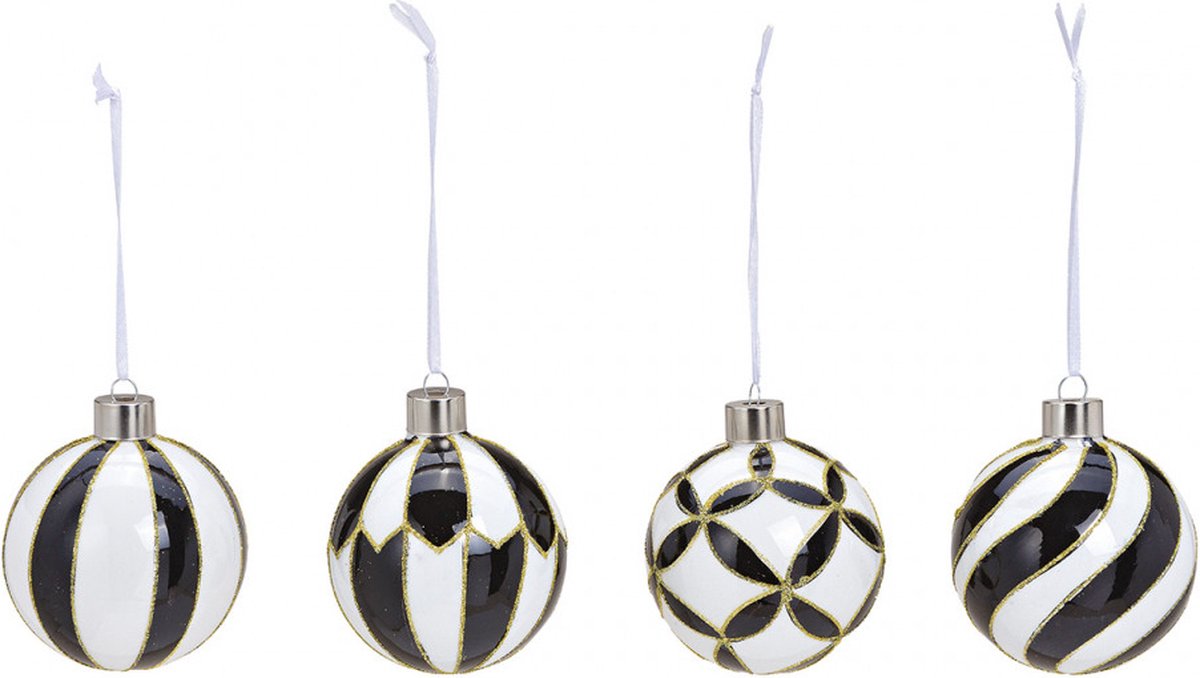 Kerstballen set 4 stuks zwart wit goud