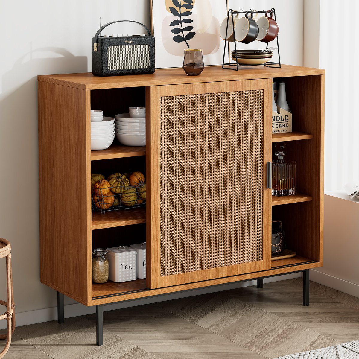 Sweiko Dressoir, opbergkast met 2 schuifdeuren en verstelbare planken, rustieke stijl, voor woonkamer en eetkamer, 100*90*37 cm Walnoot