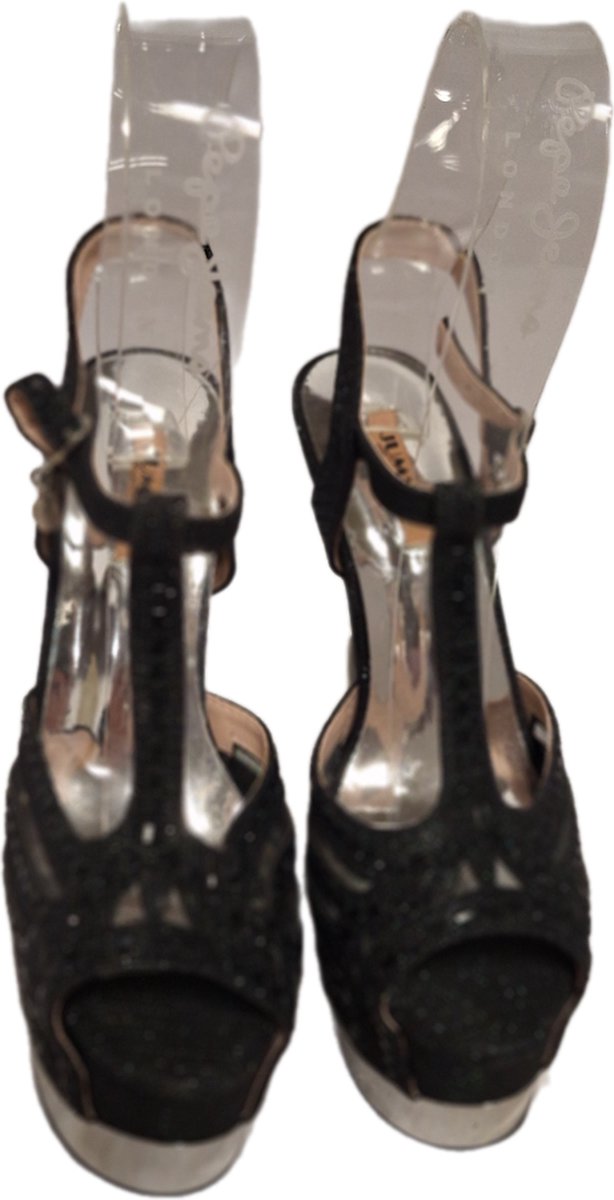 JUMEX- EROTISCHE PUMP-BLACK-STRASS-SILVER STILETTO HEEL-39