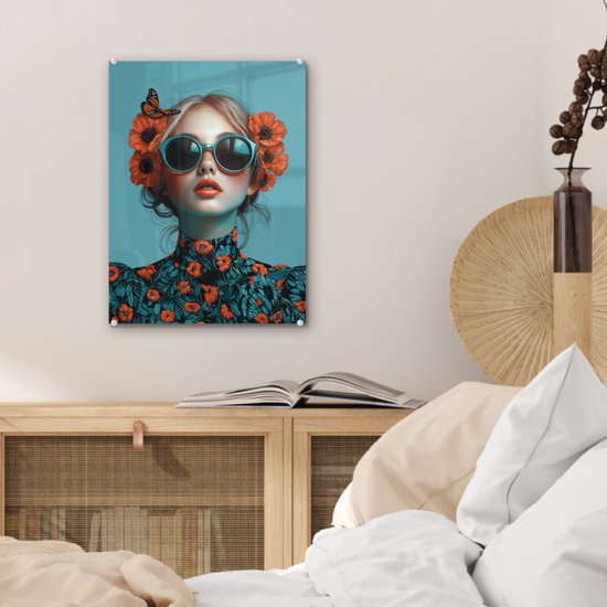 MuchoWow® Glasschilderij 30x40 cm - Schilderij acrylglas - Vrouw - Blauw - Vlinder - Bloemen - Aesthetic - Foto op glas - Muurdecoratie woonkamer - Wanddecoratie slaapkamer - Schilderijen