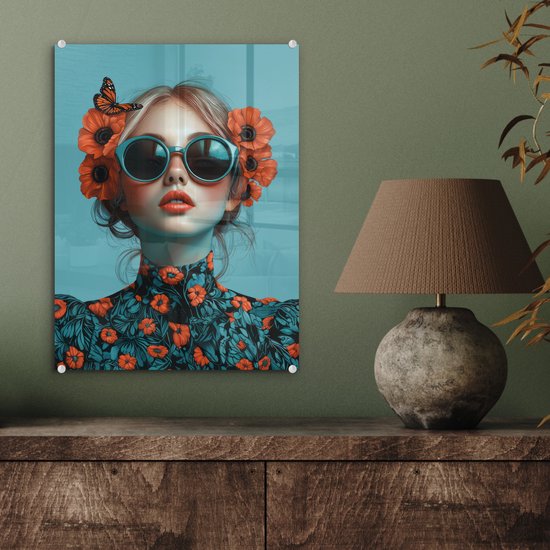MuchoWow® Glasschilderij 30x40 cm - Schilderij acrylglas - Vrouw - Blauw - Vlinder - Bloemen - Aesthetic - Foto op glas - Muurdecoratie woonkamer - Wanddecoratie slaapkamer - Schilderijen