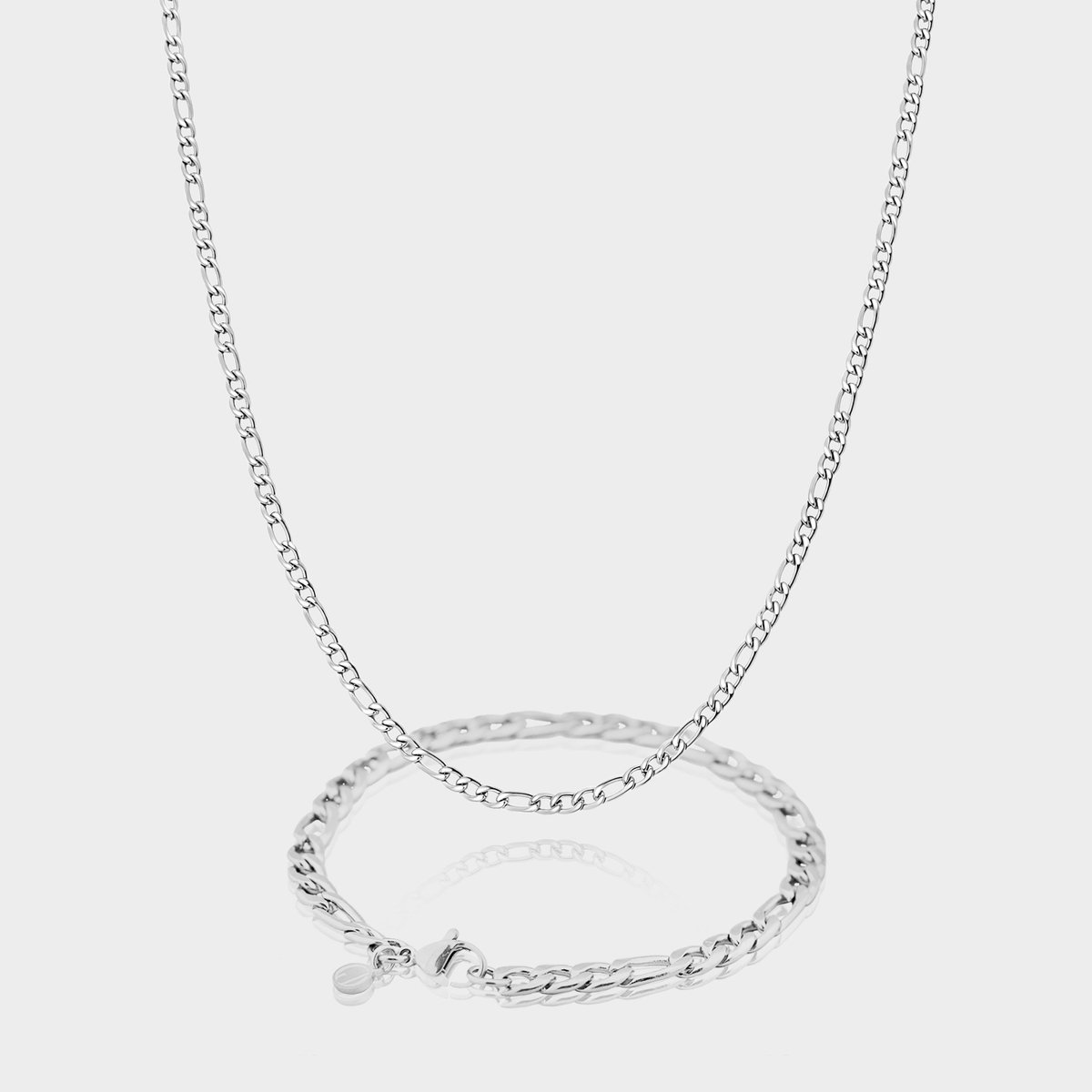 Figaro Ketting 3 mm x Figaro Armband 5 mm - Zilveren Schakelketting en Schakelarmband Heren - 50/21 cm lang - Olympus Jewelry