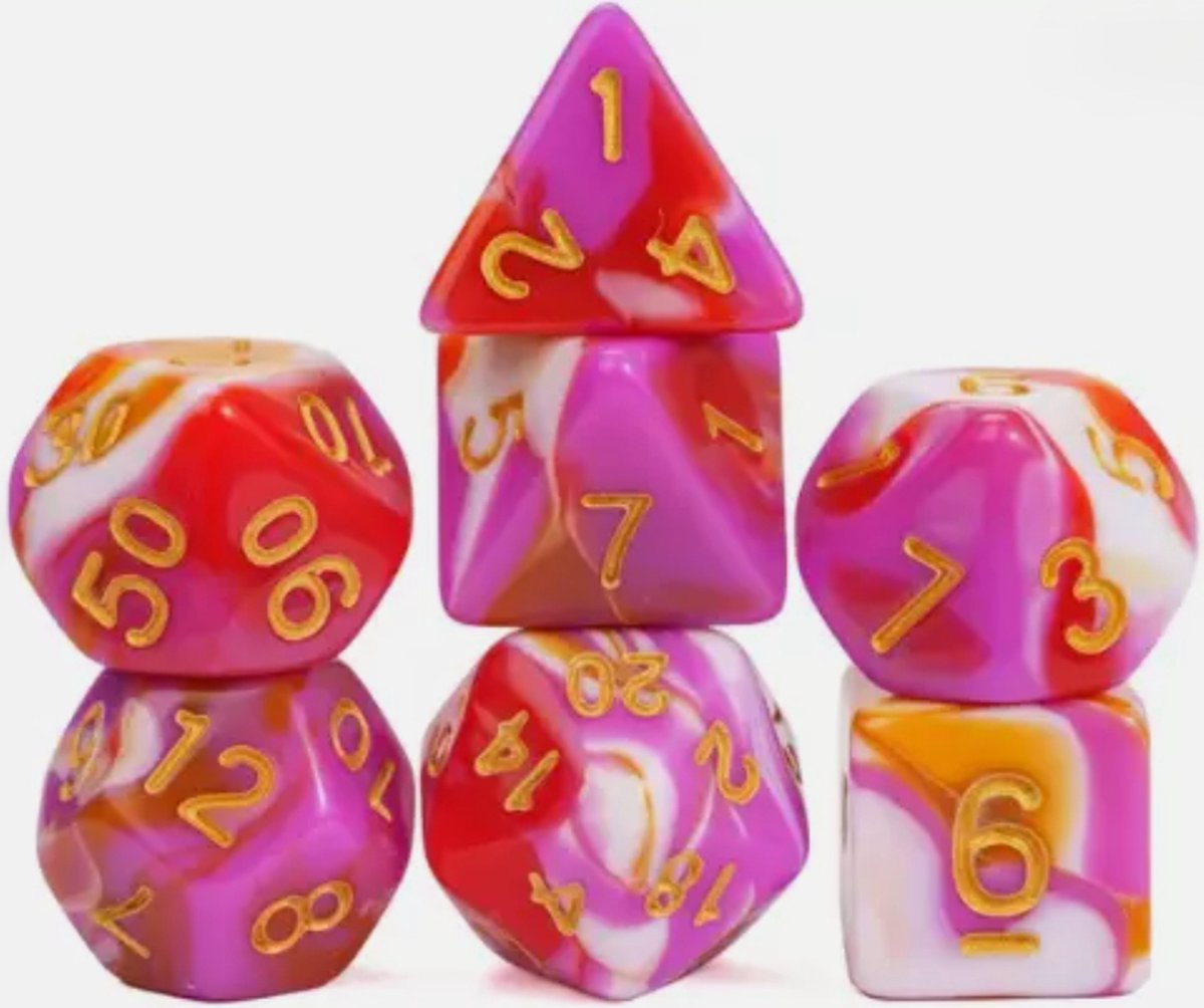 Vera's Arts & Dice | Dobbelstenen Set voor RPGs als Dungeons and Dragons | 7 stuks per set | Golden Harvest | Ondoorzichtig Wit met vegen van (Semi) Transparant Rood Roze en Oranje en afgewerkt Met Gouden Cijfers | Met Dice Bag