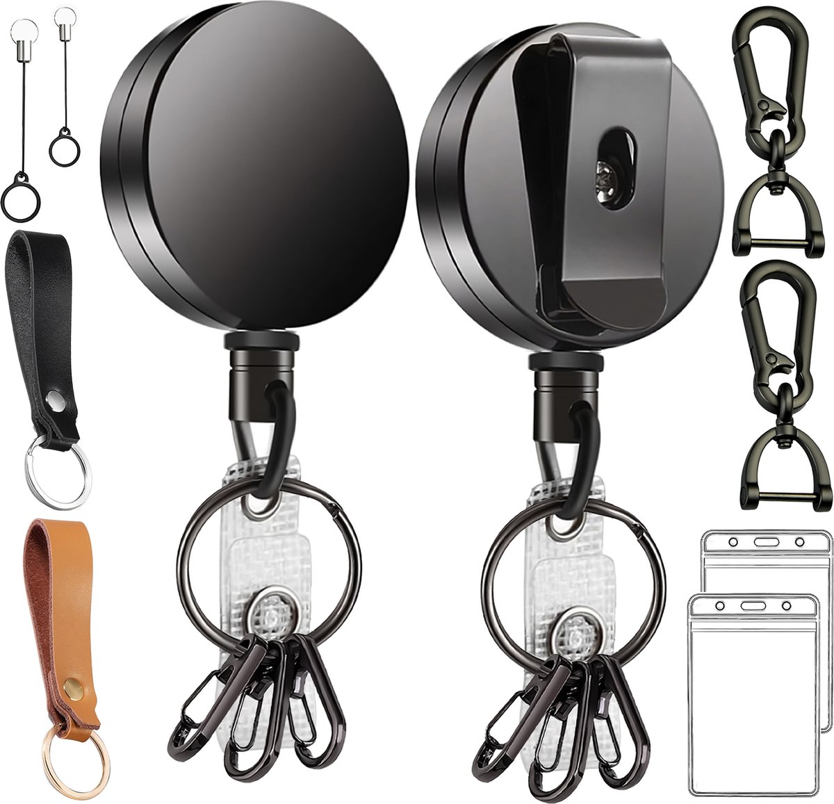 KeyAmor Uittrekbare Sleutelhangers met Lanyard en Karabijnhaken Compleet Set - Badgehouders met Clip en 63cm koord - Intrekbare Broekclip Sleutelkoord - Karabijnsluiting Afrolmechanisme voor Badges, Sleutels - ID Jojo Pasjeshouder Keycord\Keykoord