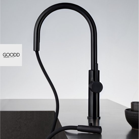 GOODD® - Keukenkraan - Keuken kraan - Uitrekbare uitloop - Zwart - Rvs