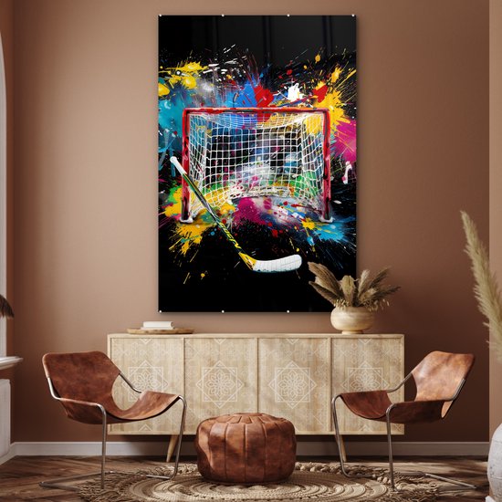 MuchoWow® Glasschilderij 100x150 cm - Schilderij acrylglas - Graffiti - Sport - IJshockey - Hockey goal - Foto op glas - Muurdecoratie woonkamer - Wanddecoratie slaapkamer - Schilderijen