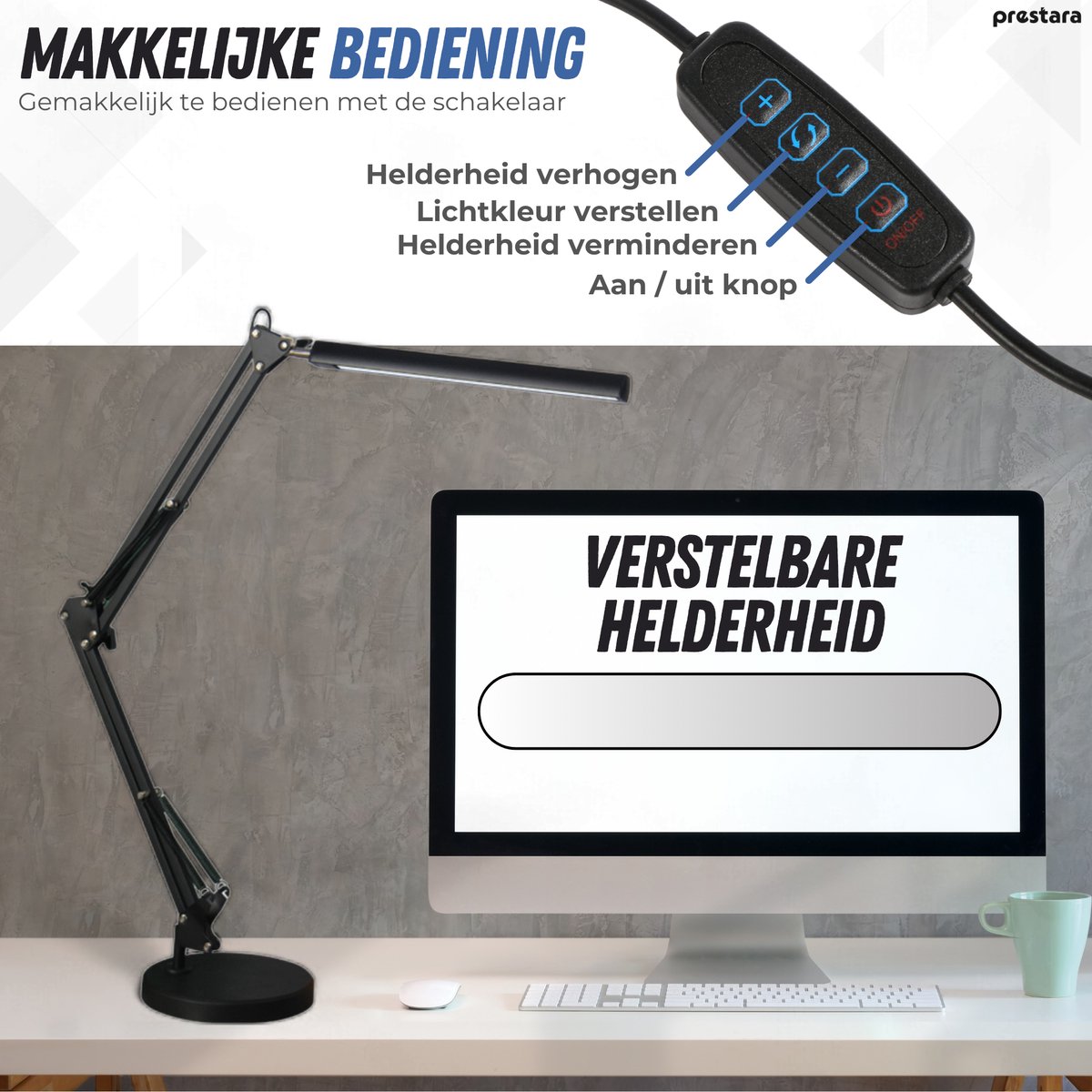 Prestara USB LED bureaulamp – dimbaar & flexibel – met verstelbare arm & klem – 37 cm hoog – zwart thumbnail 4