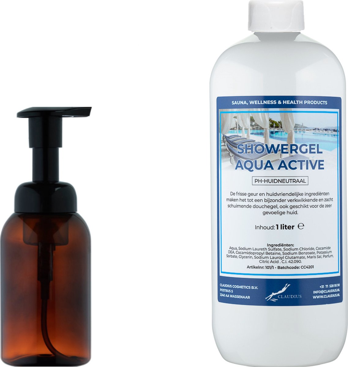 Goedkoopste Zeepdispenser 300 ml amber bruin hervulbaar 1 liter Showergel Aqua Active navulling