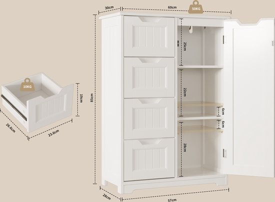 Bealife Wastafelonderkast, badkamerkast, 90 x 30 x 60 cm, met 2 deuren, 5 vakken en in hoogte verstelbare plank in 3 treden, magneetsluiting, veel opbergruimte, waterafstotend (wit Bealife Wastafelonderkast, badkamerkast, 90 x 30 x 60 cm, met 2 deuren, 5 vakken en in hoogte verstelbare plank in 3 treden, magneetsluiting, veel opbergruimte, waterafstotend (wit