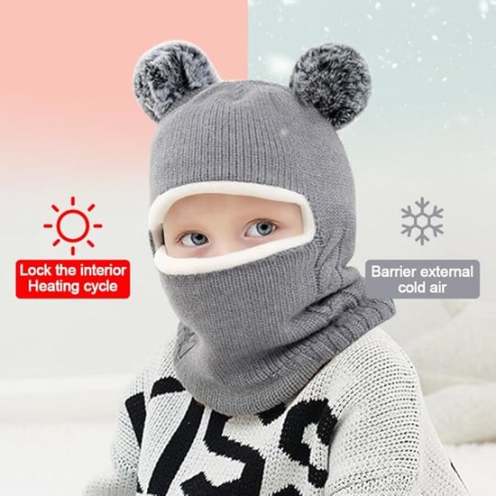 Surakey Wintermuts voor baby's en kinderen, beanie met pompon, cartoon, warme gebreide muts, beanie muts met fleecevoering, schattige gebreide muts