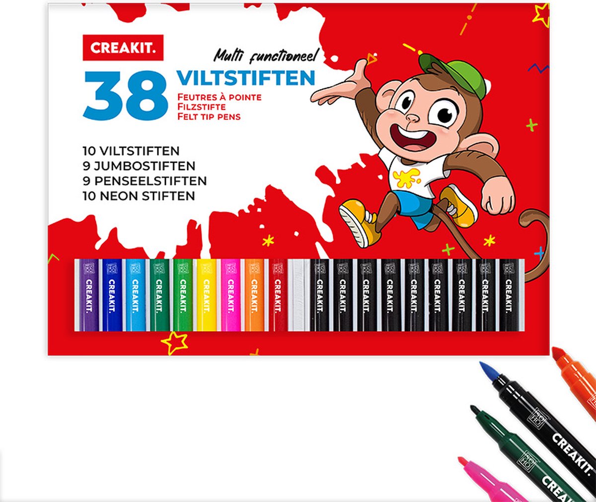 CREAKIT. Viltstiften Gekleurd Junior Set – Kleur stiften Kinderen – Knutselstiften – 38 Stuks – Meerkleurig