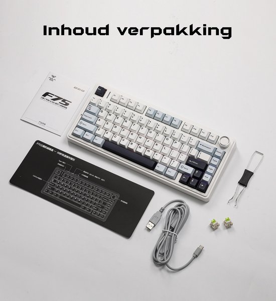 Inhoud van de verpakking: wit mechanisch toetsenbord, handleiding, polssteun, kabel, schakelaars en trekker.