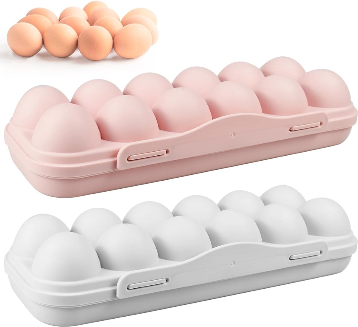 Set van 2 eieropbergdozen - 12 vakken - Herbruikbaar - Met deksel - Voor koelkast - Schokbestendig - Grijs + roze