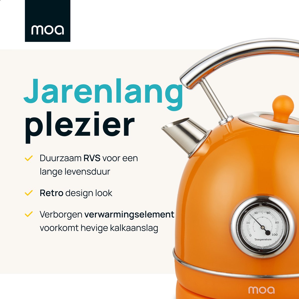 MOA Waterkoker Retro - 1,8 Liter - Elektrische Waterkoker - BPA-vrij - Anti Calcium Filter - RVS - 2200W - Oranje – foto 8