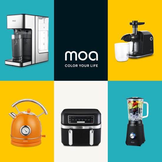 Collage d'appareils de cuisine : distributeur d'eau, centrifugeuse, bouilloire orange, friteuse à air chaud et mixeur.