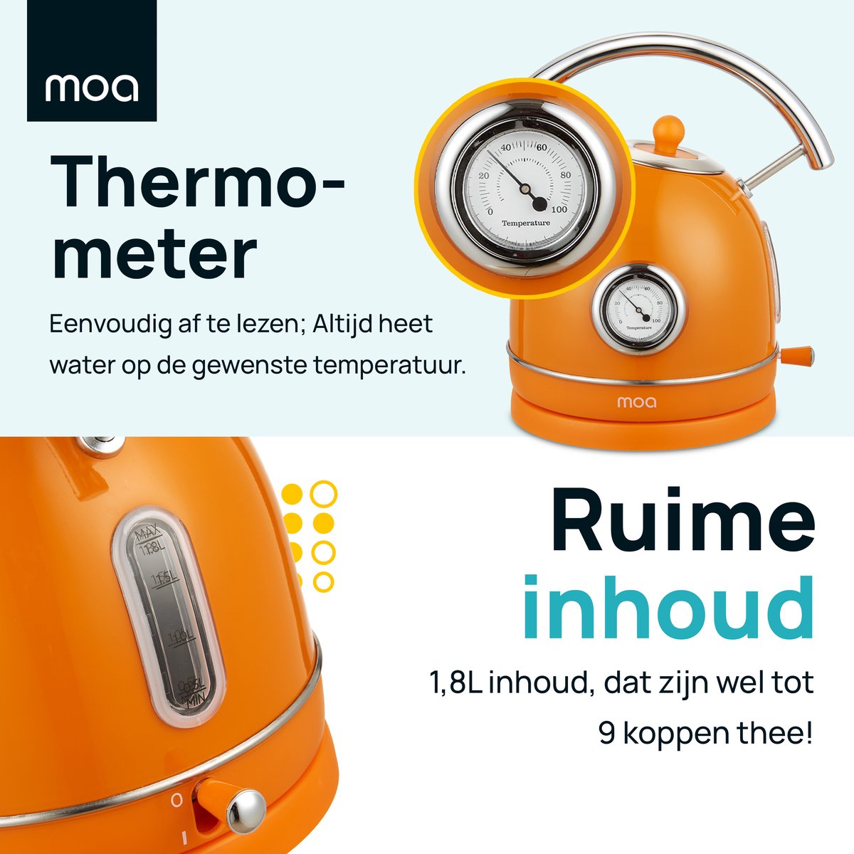 MOA Waterkoker Retro - 1,8 Liter - Elektrische Waterkoker - BPA-vrij - Anti Calcium Filter - RVS - 2200W - Oranje – foto 3