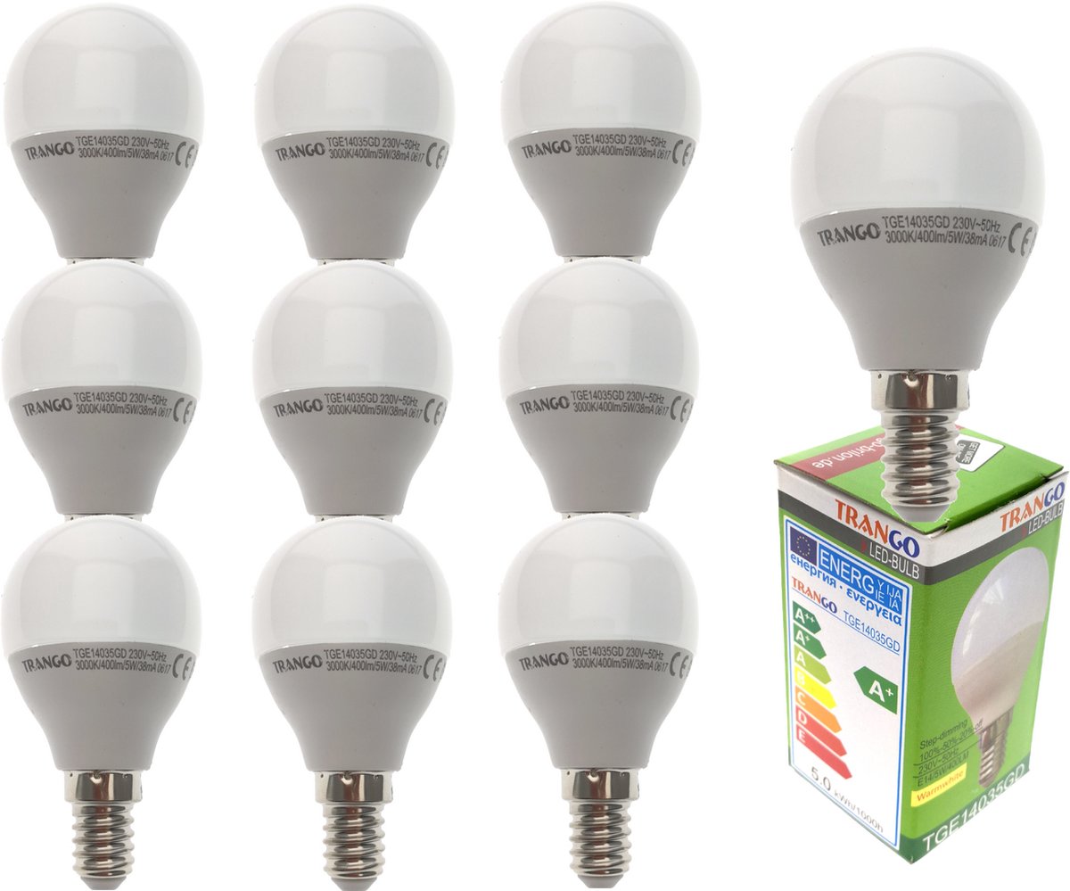 TRANGO Set van 10 E14035GD*10 LED Globe Lamp 3-Standen Dimbaar - 5 Watt - 400 Lumen 3000K Warm Wit - Vervanging voor 40W Gloeilamp - Omnidirectionele LED Lamp met E14 Fitting Stralingshoek 170°