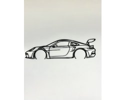 Porsche wanddecoratie - Auto muurdecoratie - 80x22 cm - Zwart - Wanddecoratie woonkamer - Mancave - Porsche - Mancave decoratie - Wand decoratie - Wanddecoratie - Hout - Muurdecoratie - Porsche 911 kunst - Porsche 911 GT3 RS