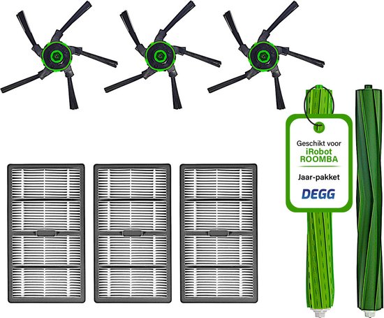 Set van drie zwarte zijborstels met groene details, drie grijze filters en twee groene rollen voor een iRobot Roomba.