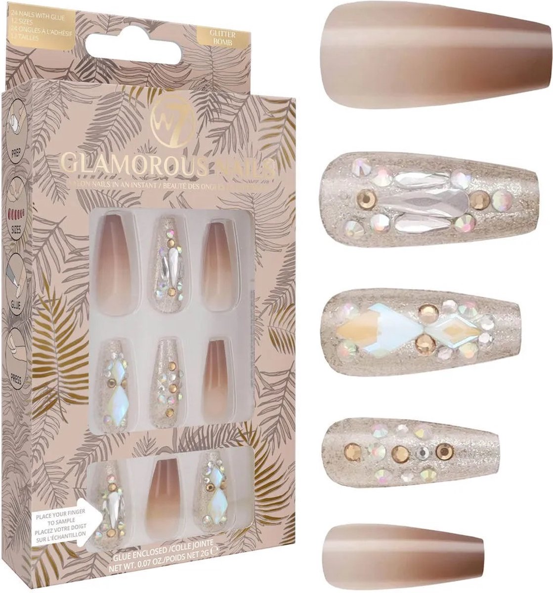 Goedkoopste W7 Glamorous Nails - Glitter Bomb - Glanzende Kunstnagels met Lijm - Nude