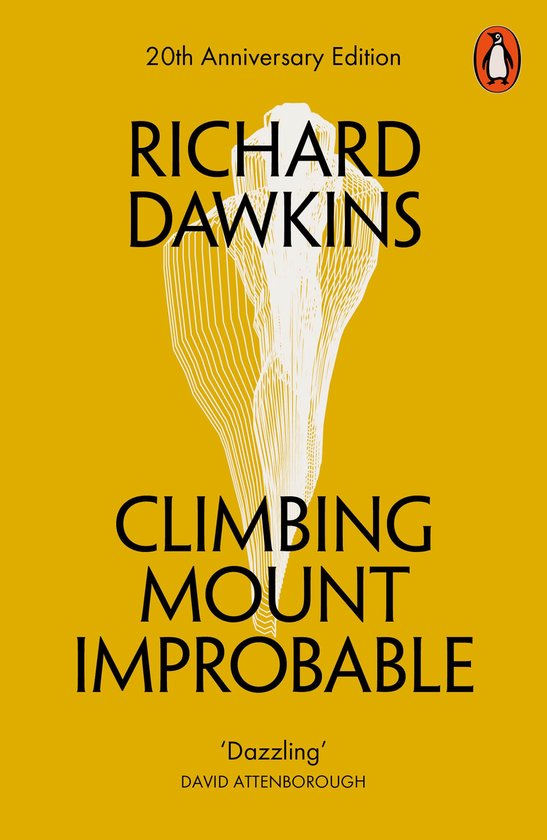 Couverture du livre 'Climbing Mount Improbable' par Richard Dawkins, édition du 20e anniversaire, avec fond jaune et texte blanc.
