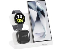 iCharger Samsungs Edition Wit | Samsung 3-in-1 Draadloze Oplader | Geschikt voor Galaxy Telefoons, Buds & Watch | Wit | Snelle en Veilige Oplader | Modern Design