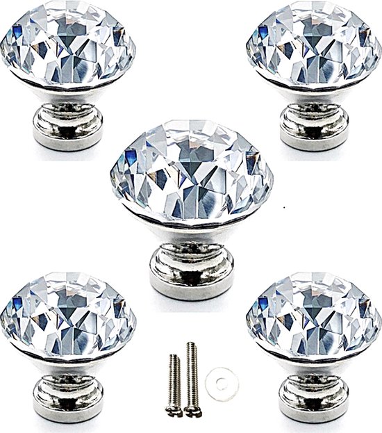 ShipeeKin Lot De 6 Bouton de Meuble Cristal Poignées de Meubles de Placard en Cristal de 30 mm Forme de Diamant avec Base d'or Boutons d'armoire en Verre Transparent