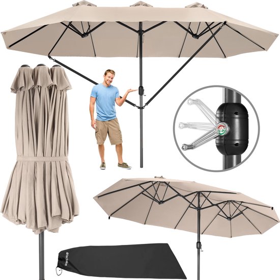 tectake® Dubbele parasol met zwengel - Aluminium parasol met zonwering UV50+ - Rechthoekige tuinparasol - Vrijstaand als terrasoverkapping of marktparasol - Afmeting (LxBxH) 460 x 270 x 241 cm - Beige