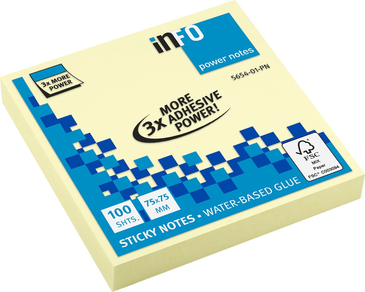 Info sticky notes - Powernotes - 100 vel - 75x75mm - geel - IN-5654-01-PN