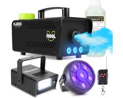 Partyset met Fuzzix F503L Rookmachine - 1L Rookvloeistof - 1x Strobo en 1x Blacklight op accu