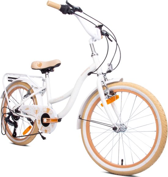 Flower Bike Fiets voor een meisje van 6 tot 10 jaar, 20 inch Wit Beige, 6 versnellingen Shimano, kinderfiets in hoogte verstelbaar