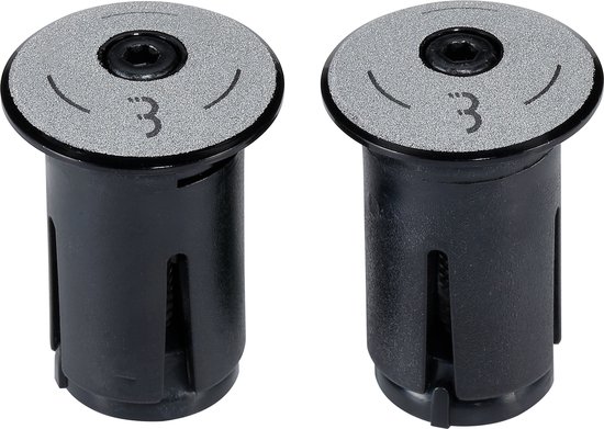 Twee zwarte stuurdoppen met zilverkleurige reflecterende dopjes met '3'.