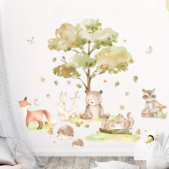 Muursticker Animaux de la Forêt - Chambre de bébé - Chambre enfant - 66x56cm - PVC autocollant - Ours - Renard - Écureuil - Raton laveur - Hérisson - Lapin