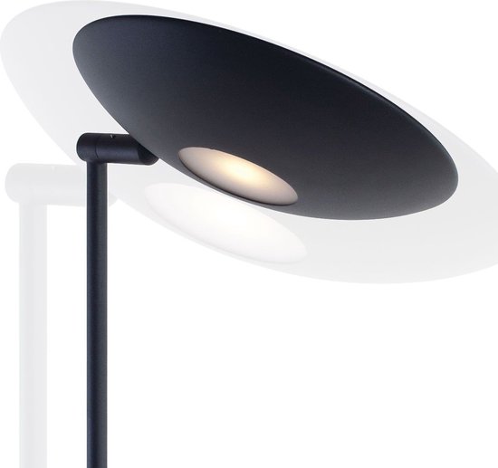 Gros plan de l'abat-jour rond et noir d'un lampadaire, incliné vers le haut, avec LED intégrée.