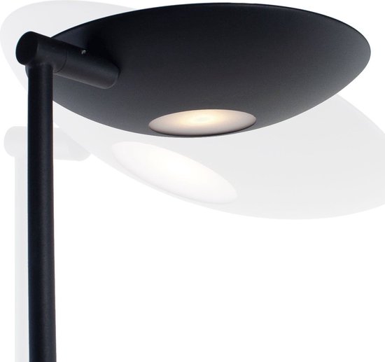 Gros plan d'un lampadaire noir avec abat-jour rond et LED intégrée.