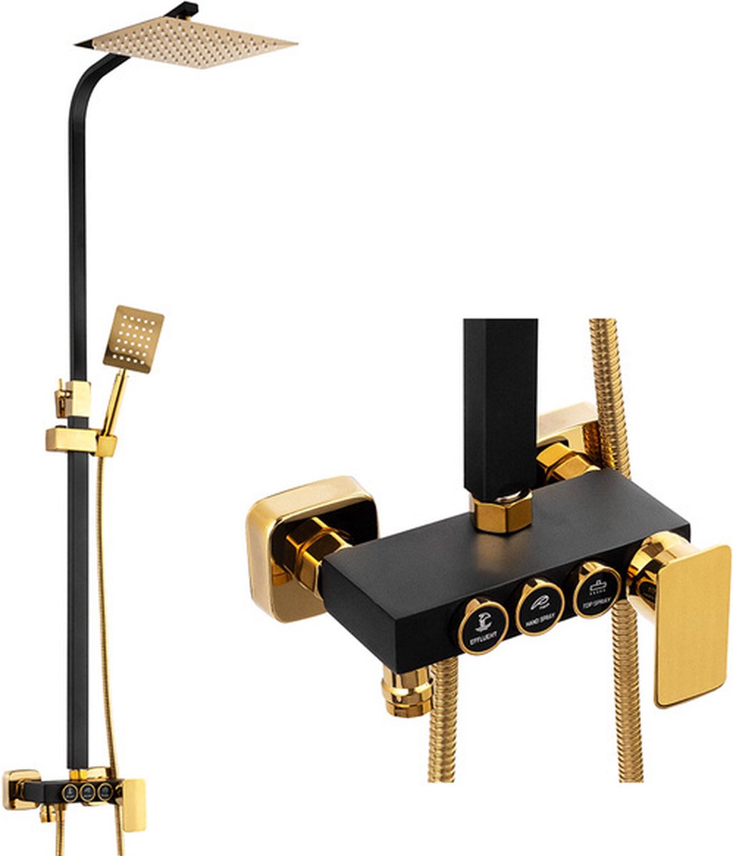 SILLA Regendouche Set - ééngreeps Doucheset - Uittrekbare Doucheset met Handdouche + Regendouchekop - Zwart/Goud