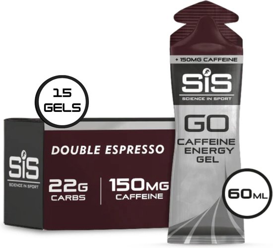 SiS GO Caffeine Energy Gel Double Espresso, 150mg cafeïne, 22g koolhydraten, 60ml. Verpakking met 15 gels.