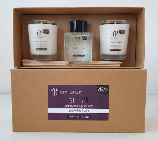 Yours Naturally | Giftset | Zwarte bes & Drop | Vegan 2 Geurkaarsen + geurstokjes | 100% natuurlijk | Bio | Giftset vrouw - Trendy