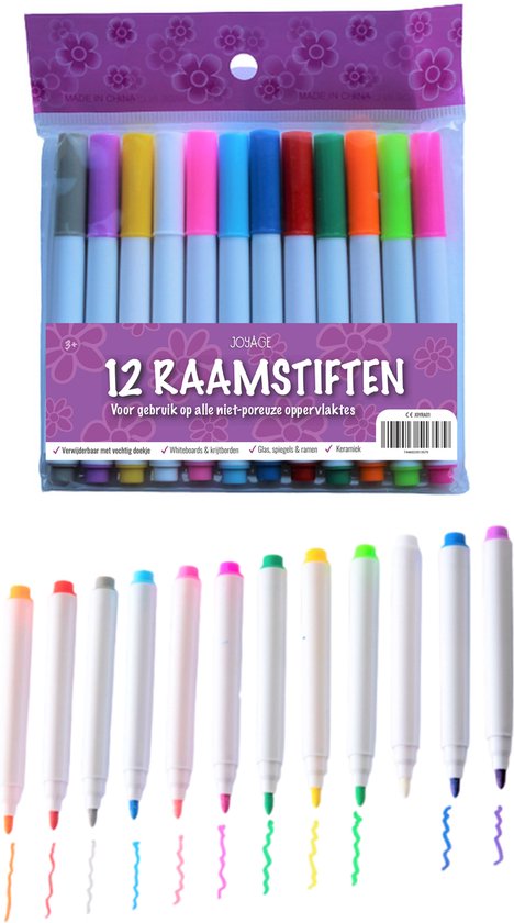 Joyage® Raamstiften Kinderen - 12 stuks - Afwasbaar - Krijtstiften voor raam - Whiteboard stiften - Whiteboard Marker - Window marker - Krijtmarker - Glasstiften - Porselein stiften - Krijtstift