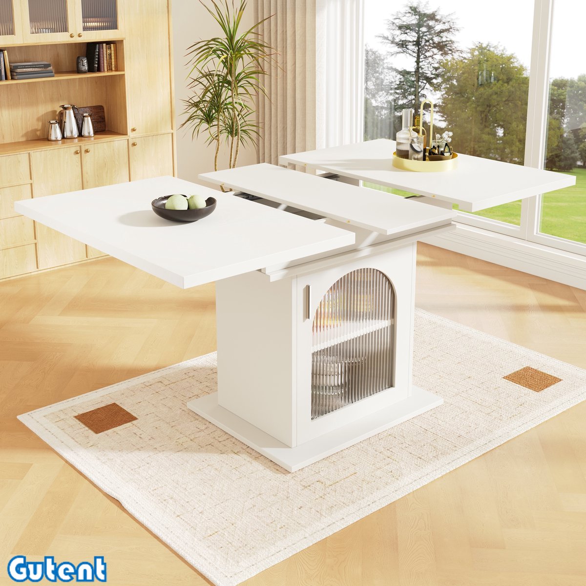 Gutent Eettafel-Met-Legbord-Uitschuifbaar-Opbergruimte-Wit