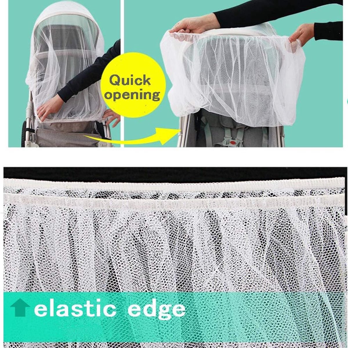 Universele insectenbescherming – 2 stuks klamboe voor kinderwagens en buggy's, klamboe, kinderwagen, insectennet, scheurbestendig en wasbaar klamboe met elastische band, wit