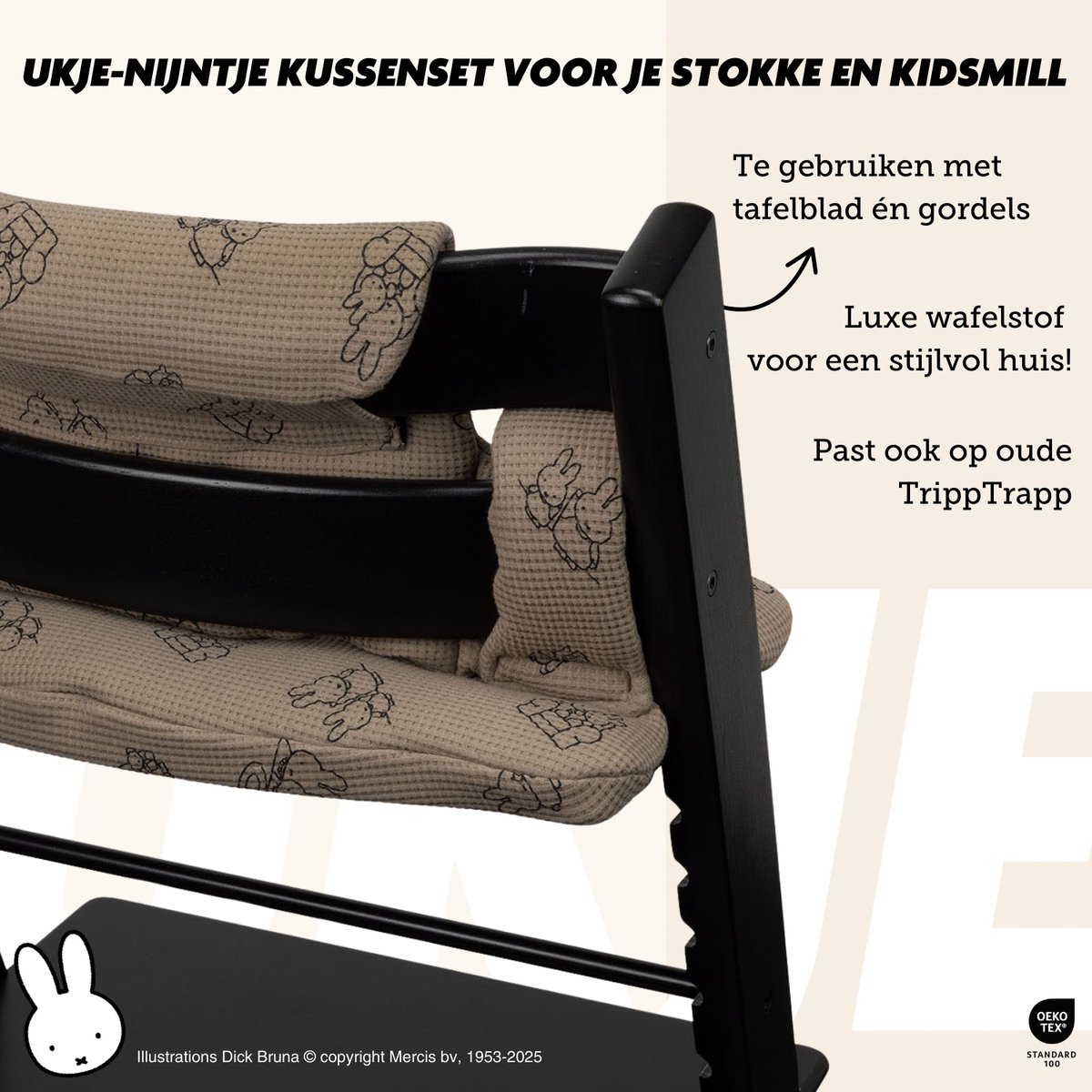 Stoelverkleiner TrippTrapp Ukje - Nijntje - Geschikt voor Stokke Tripp Trapp Kussenset - Kinderstoel Verkleiner Kussen - Perfecte Pasvorm - Oeko-Tex katoen - Taupe Nijntje wafelstof – foto 3
