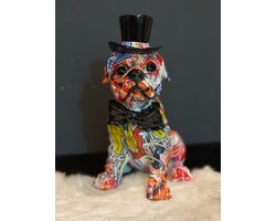 Goodyz - Street Art - Honden - Engelse Bulldog- zittend - met hoed - kleur Graffiti - 27cm hoog