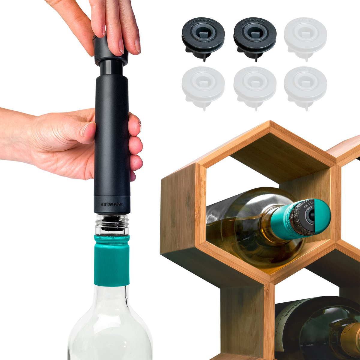 Airtender Wine Saver - Vacuüm Wijnpomp - 2x Vacuüm Wijnstopper - Made in Holland - Kwaliteit met 5 jaar garantie - 100% lekvrij