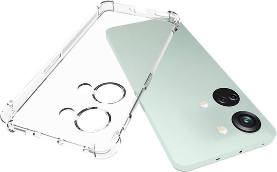 Lichtgroene telefoon met dubbele camera, deels bedekt door een doorzichtig TPU hoesje met verstevigde hoeken.